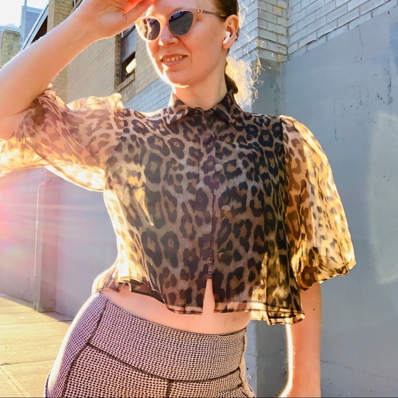 Zara Transparent Leopard Puff Sleeve Crop Blouse - Picture 4 of 16
